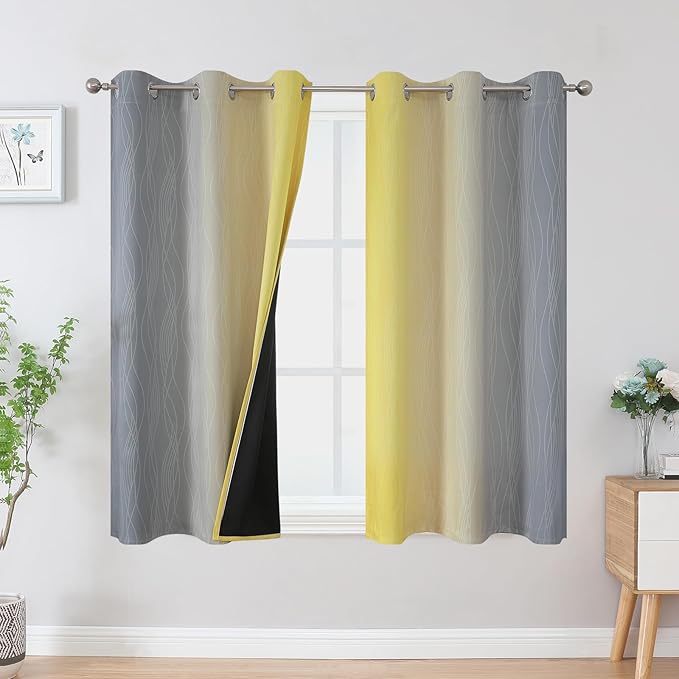 Estelar Textiler Yellow and Grey Blackout Curtains 54 Inch Length, Light Blocking Gradient Drapes for Kitchen, Room Darkening Thermal Insulated Grommet Ombre Curtains for Bathroom,42Wx54L,2 Panels