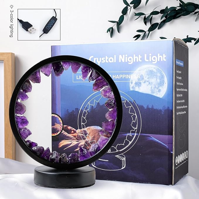 Runyangshi Amethyst Night Lamp 8.6" Natural Healing Crystal Bedside Lamp USB Port 3 Colours Dimming Mode Bedroom Lamp Suitable Night Light for Living Room Bedroom Office Home Decor Ideal Gift