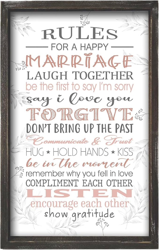 Rules for A Happy Marriage Framed Wall Plaque in Solid Wood Material 16x9.5 Inches Vertical - Bridal Shower Gift for Couples Wife Husband - Affirmation Motivational Inspiring Home Decor Newlywed