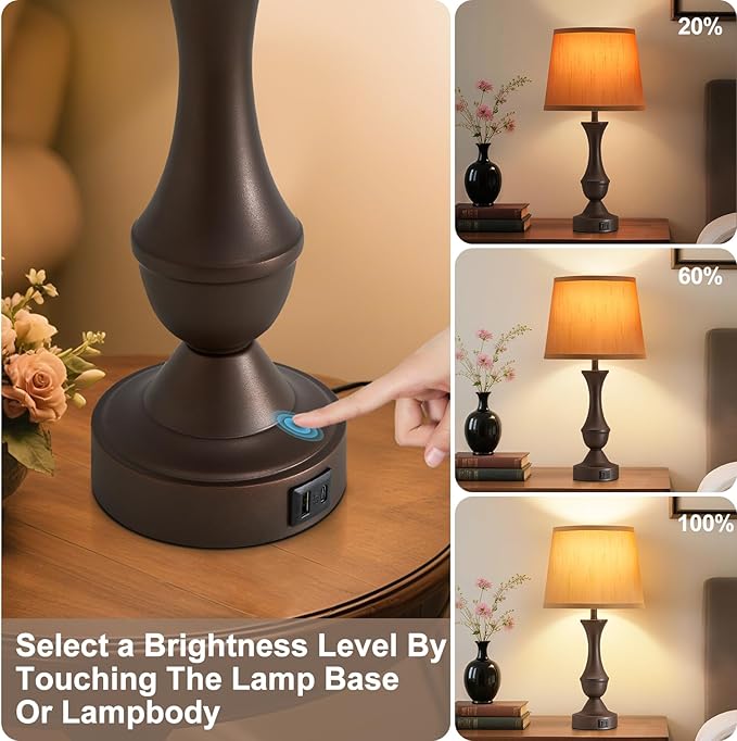 Luvkczc 22" Table Lamp Set of 2 - Farmhouse Vintage Brown Bedside Lamp with Brown Fabric Shade, 3-Way Dimmable, USB C+A Ports, Nightstand Lamp for Living Room Bedroom (Bulb Included)