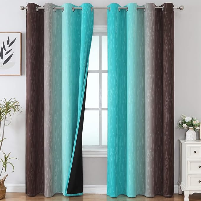 Estelar Textiler Brown and Teal Ombre Blackout Curtains 90 Inch Length 2 Panels Set, Thermal Insulated Drapes for Bedroom, Full Room Darkening Grommet Gradient Curtains for Living Room,52Wx90L