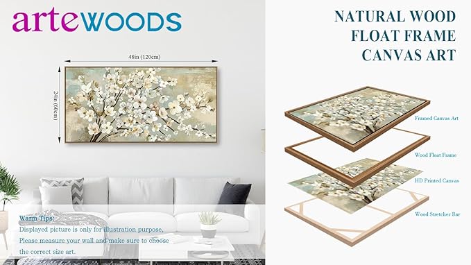 arteWOODS Flowers Framed Wall Art - Beige Flower Branches Canvas Pictures Wall Decor Rustic Brown Botanical Painting Artwork Elegant Floral Prints for Living Room Bedroom 48 x 24in Natural Wood Frame
