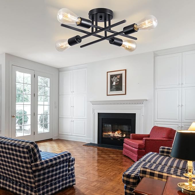 Sputnik Chandeliers, Modern Semi Flush Mount Ceiling Light with E26 Base, Mid Century Industrial Kitchen Farmhouse Light Fixtures for Bedroom Living Room (Black, Ceiling 4 Lights)