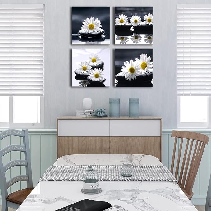 Yxbhhym-Black and White Wall Art Zen Décor Canvas Print Daisy Poster Painting Flower Stone Picture Meditation Artwork for Bathroom Decoration Dining Wall Art Bedroom Living Room Decor Office Framed