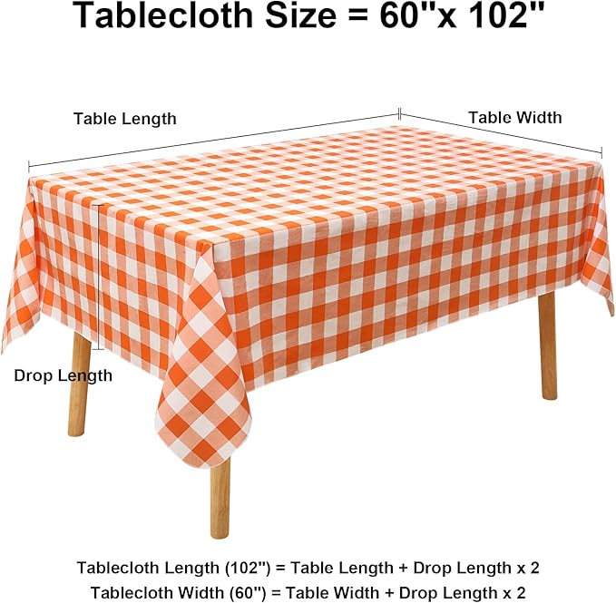 misaya Rectangle Waterproof Vinyl Table Cloth, Buffalo Flannel Backed Tablecloth, Wipeable Plastic Table Cover for Fall, Thanksgiving (60" x 102", Orange and White)