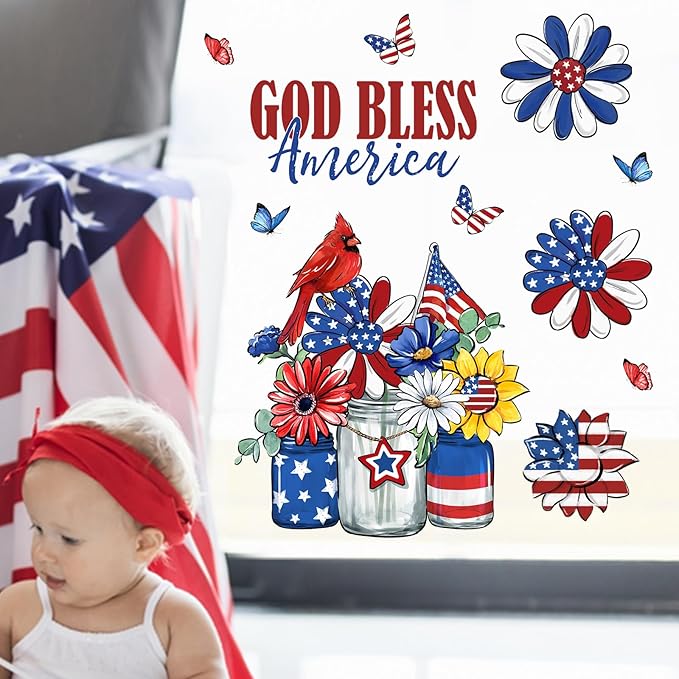 Yovkky Christian 4th of July Flower Window Clings 4 Sheets, Patriotic Religious God Bless America Sunflower Daisy Cardinal Stickers Decals Decor, American USA Mason Jar Home Kitchen Decorations