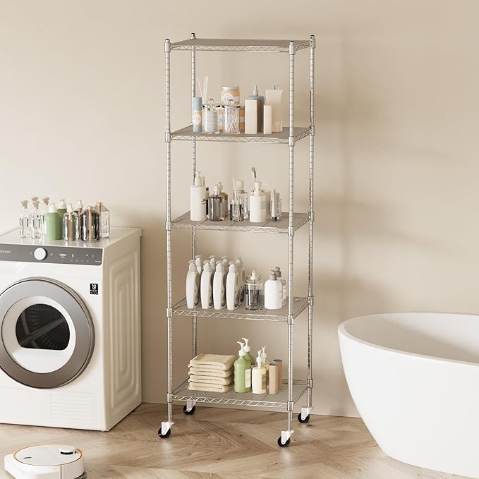 Garage Shelving with Wheels, 5 Tier Shelving Unit and Adjustable Feet, 865 lb High Capacity Rolling Storage Shelf for Kitchen, Office, Dining Room, Garage(23.6"x 17.7"x 72"), Chrome