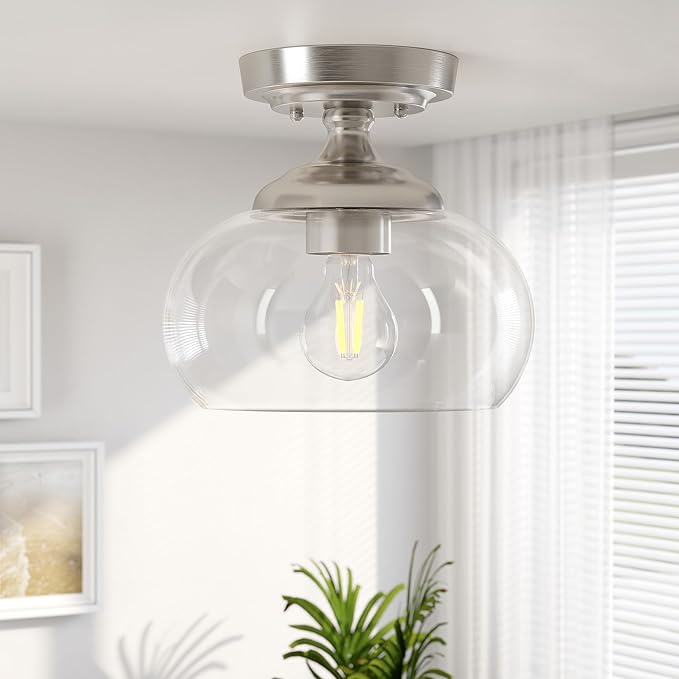 VONLUCE Industrial Semi Flush Mount Ceiling Light, 8.3" Ceiling Light Fixture with Clear Glass Shade, Farmhouse Lighting for Hallway Kitchen Bedroom Entryway, Brushed Nickel Flush Mount Light Fixture