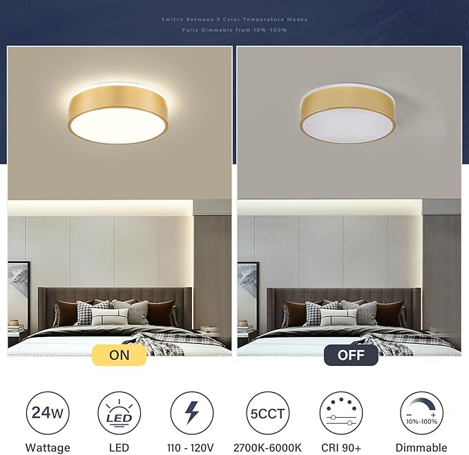 Dimmable Gold LED Ceiling Light, 2700K-6000K 5CCT in One Modern Flush Mount Ceiling Light Fixtures, Minimalist Round Metal Ceiling Lamp for Bedroom Kitchen Hallway Laundry Room-11.8in