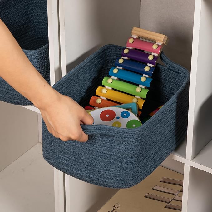 OIAHOMY Cotton Rope Woven Baskets for Storage, Nursery Rectangle Storage Basket with Handles for Shelves, Pack of 3, Blue