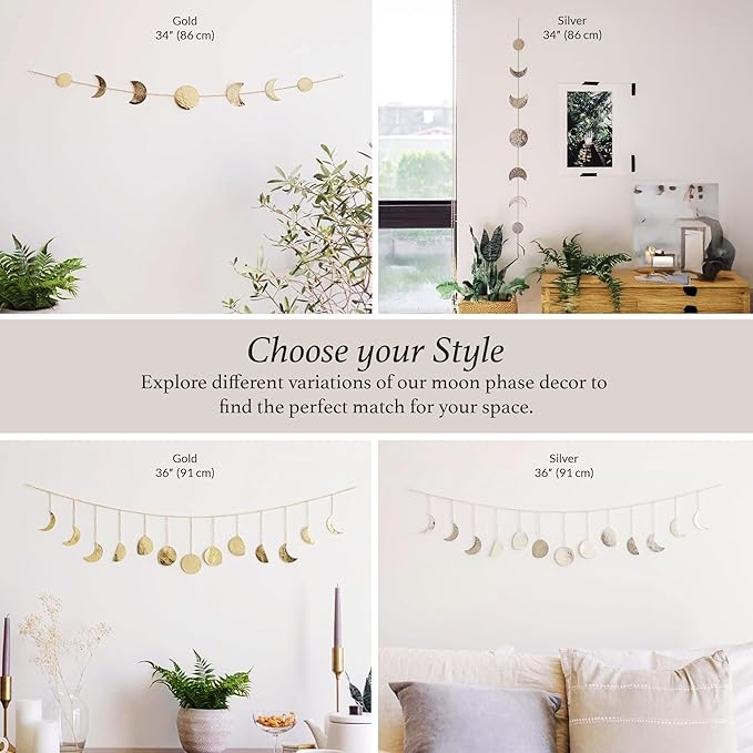 BASE ROOTS Moon Phase, Gold Wall Decor for Bedroom & Living Room, Bohemian Wall Decor, Handmade Hammered Metal 34" 7 Phases Moon, Celestial Wall Art, Gift for Women & Kids