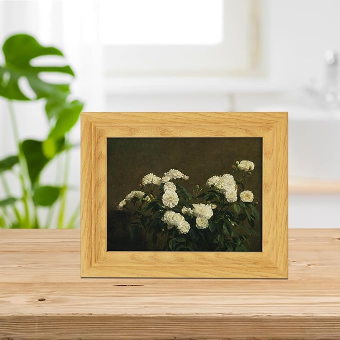 Brivoria Framed Canvas Wall Art Vintage Decor, Antique Botanical Floral Artwork with White Roses and Rustic Autumn Background for Desk Shelf Small Wall Bedroom Office or Bathroom Display, 8"x10"