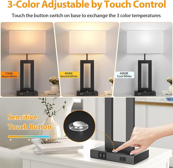 3 Color Temperatures Table Lamps for Bedrooms Set of 2, 22ββ Touch Control Bedside Nightstand Lamps with 2 USB Ports & AC Outlet, Stepless Dimmable Lamps with White Shade, Modern Decor for Living Room