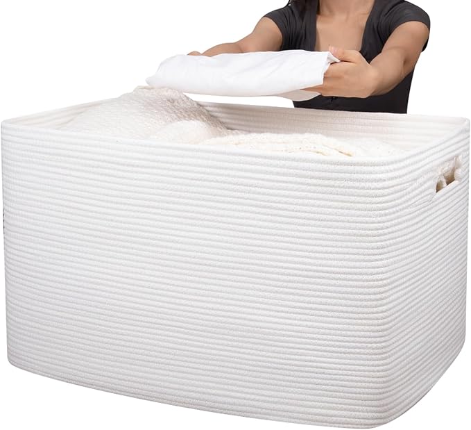 OIAHOMY 118L XXXLarge Cotton Rope Storage Basket, Oversized Blanket Basket, Used for Organizing Dirty Clothes in Living Room, Bedroom, Nursery, Dog Toy Storage Bins, 25" x 17" x 16",White