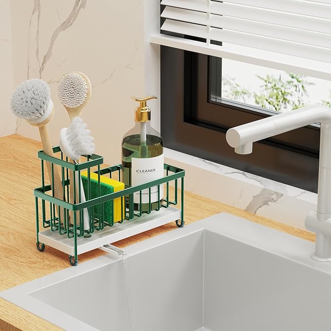 Cisily Sponge Holder for Kitchen Sink, Sink Caddy Organizer with High Brush Holder, Countertop Organizers and Storage Rustproof 304 Stainless Steel, Dark Green Kitchen Decor and Accessories