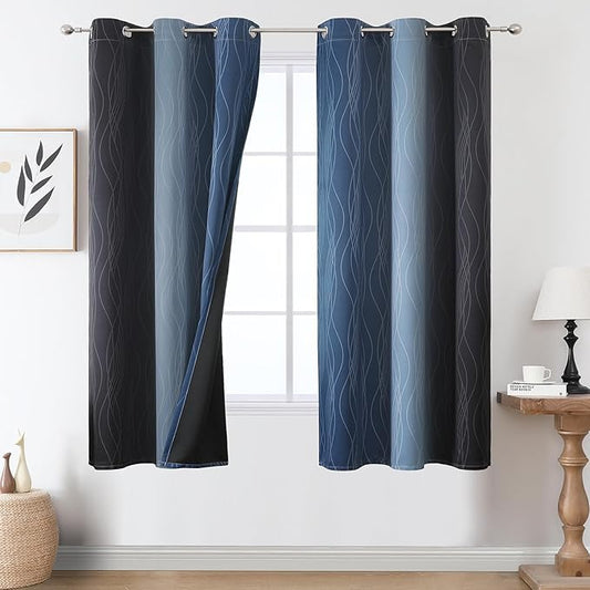 Estelar Textiler Navy Blue and Black Ombre Blackout Curtains 63 Inches Long, Full Room Darkening Grommet Curtains for Bedroom, Thermal Insulated Light Blocking Gradient Drapes, 42Wx63L, 2 Panels