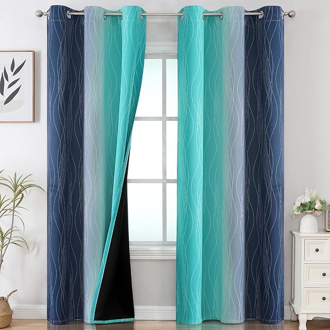 Estelar Textiler Navy Blue and Teal Ombre Blackout Curtains for Bedroom, Thermal Insulated Gradient Blackout Drapes, Full Room Darkening Energy Saving Curtains for Living Room, 42Wx84L, 2 Panels