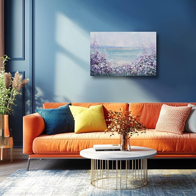 GAIDUOMAI Purple Wall Art Prints Coastal Wall Decor Lavender Flower Artwork for Bedroom Blue Bathroom Picture 12"x16" Small Painting for Dining Room