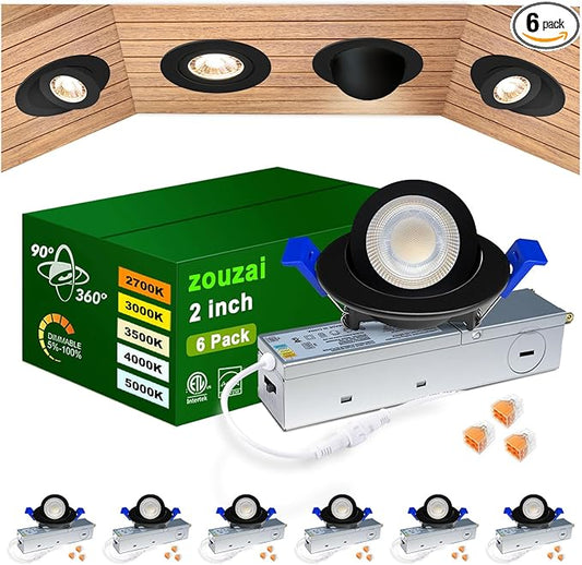 zouzai 5CCT LED Gimbal Led Recessed Light with Junction Box, 360°+90° Adjustable Directional Eyeball Lighting, Dimmable, 2700K/3000K/3500K/4000K/5000K,ETL&Energy Star (Black 6 Pack, 2 inch)
