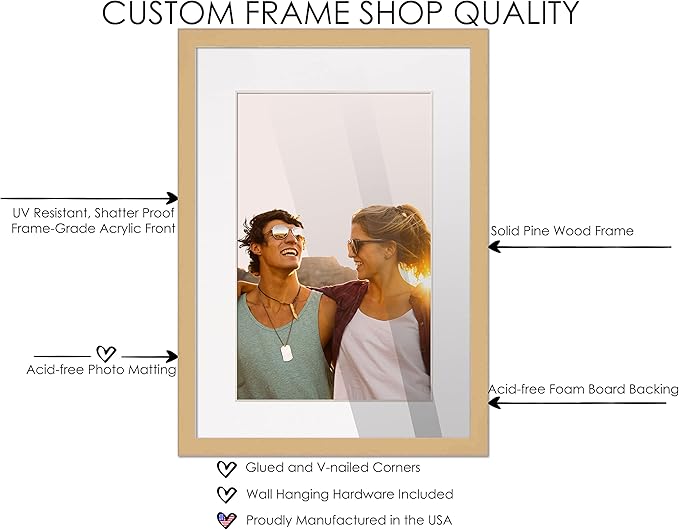 10x15 Frame Natural Wood with White Mat | 12x17 Frame Matted to 10x15 | Display Your Photo Under UV Acrylic Shatter Guard Front, with Foam Board Backing and Wall Hanging Hardware - Gallery Frame