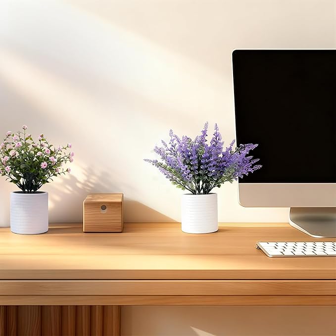 FGSAEOR Mini Potted Fake Plants, Small Artificial Greenery Realistic Plants Topiaries, Low Maintenance, for Home Office Shelf Desk Farmhouse Room Coffee Table Decor (3-Pack) (Purple Pink)