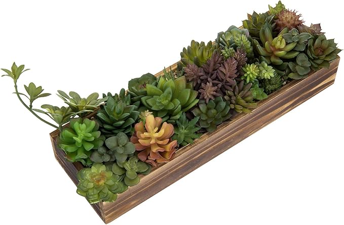 MyGift Artificial Succulent Centerpiece, 15.75 Inch Faux Succulents Arrangement Plants in Rustic Burnt Wood Rectangular Planter Box