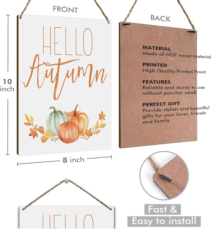 Hello Autumn Sign Autumn Thanksgiving Fall Decor Rustic Wood Sign Wall Decor Welcome Fall Quotes for Home Farmhouse Bedroom Bathroom Seasonal Harvest Decorative Wooden Wall Hanging Decor Plaque