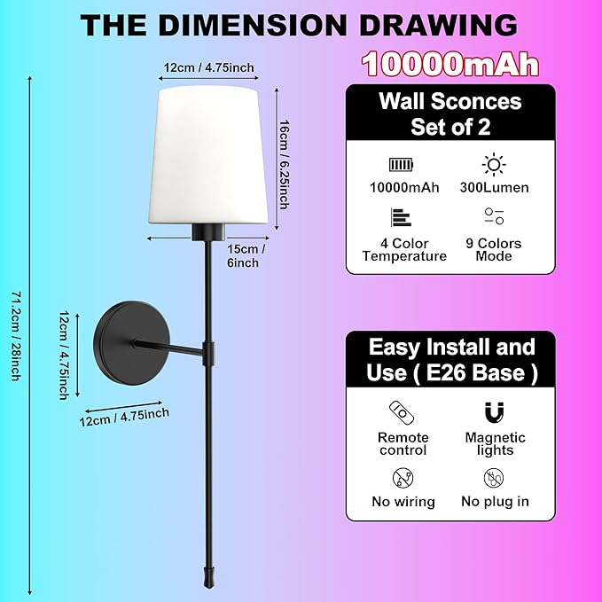 10000mAh Battery Operated Wall Sconces Set of Two, 28 Inches Long Wireless Sconces Set of 2 Wall Light with RGB Rechargeable Magnetic Bulb, Sconces Wall Decor Set of 2 for Bedroom Living Room, Black