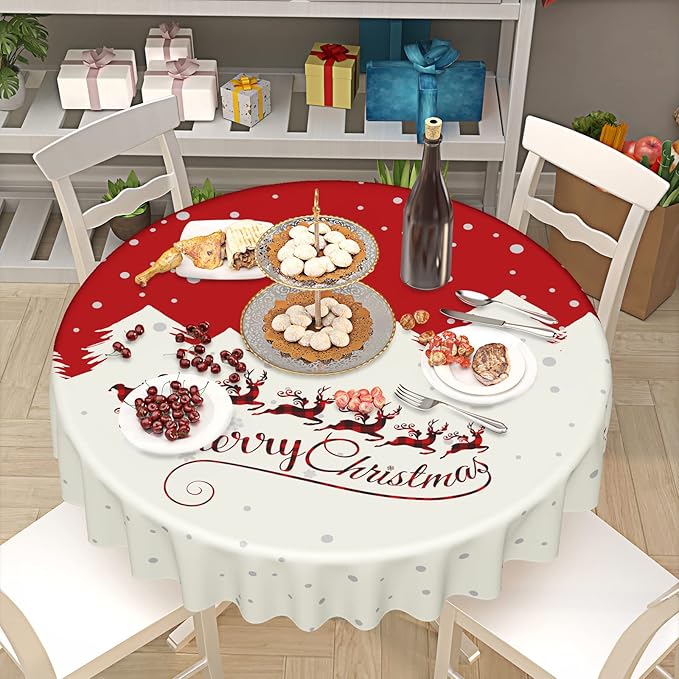 Kawani Merry Christmas Round Tablecloth in Red and Beige 60 inch Festivals Decor with Santa Claus and Elks Pattern Decorative Table Cloth for Winter Holiday Party Indoor and Outdoor Decorations
