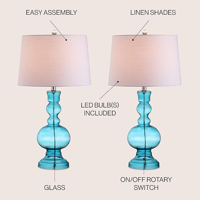 JONATHAN Y JYL1061A-SET2 Set of 2 Table Lamps Genie 28.5" Glass LED Table Lamp Contemporary Transitional Bedside Desk Nightstand Lamp for Bedroom Living Room Office College Bookcase, Aqua