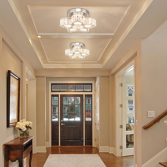 FRIXCHUR Crystal Ceiling Light Small Flower Chandelier Flush Mount Light Fixture for Kitchen Hallway Dining Room Bedroom Girls Room (Warm White)