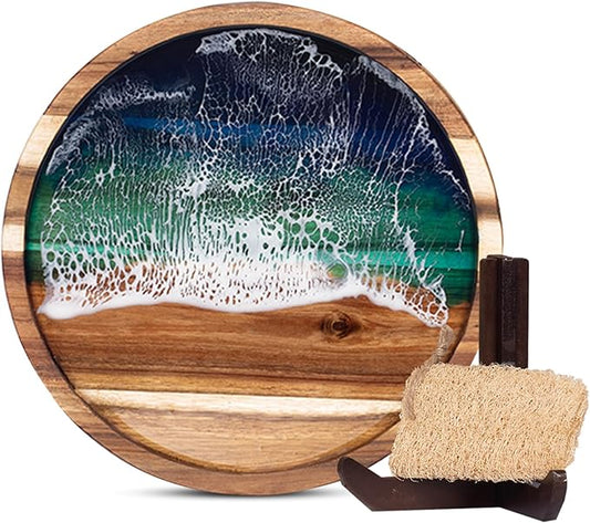 Acacia Wood Round Serving Tray with Epoxy Resin Art, 11.8”x11.8”, Includes Stand & Loofah, Handcrafted Ocean Wave Design, Perfect for Charcuterie, Serving Platters & Appetizers
