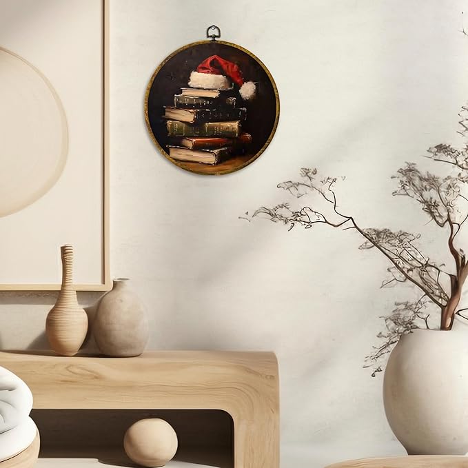 CUANFDDSF Vintage Christmas Book Round Wall Art Decor, Dark Moody Reading Bookish Wall Hanging Frame Decor, Antique Christmas Holiday Canvas Prints Decorations for Reading Room Library, 10x10 Inch