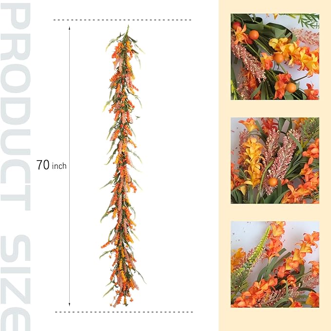 70 Inch Fall Flower Garland with Berries for Front Door, Harvest Orange Floral Wreath Garland for Indoor Outdoor, Fall Artificial Flower Garlands for Home Decor