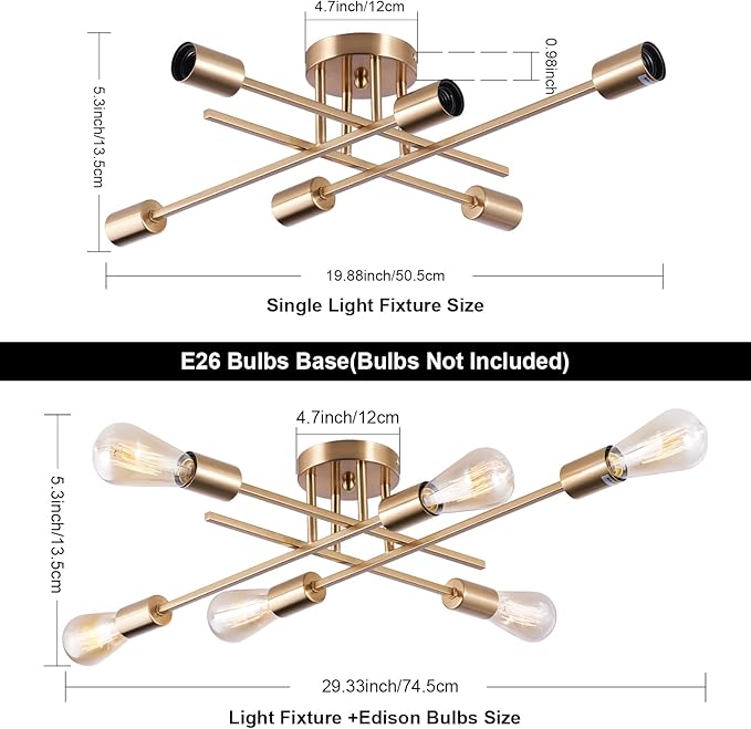 Sputnik Chandeliers, Modern Semi Flush Mount Ceiling Light with E26 Base, Mid Century Industrial Kitchen Farmhouse Light Fixtures for Bedroom Living Room (Brass, Ceiling 6 Lights (Lengthen))