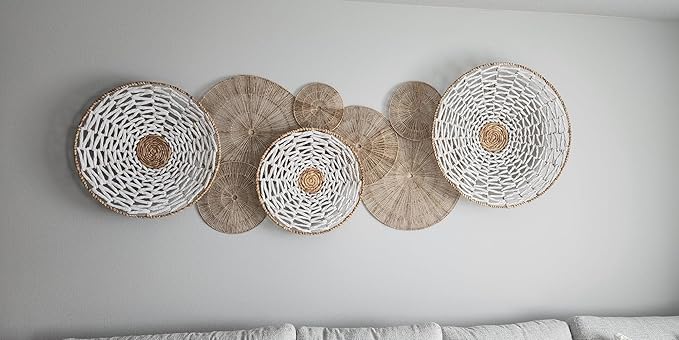 21.6 inch Wicker Wall Decor Set – Boho Wall Basket Decor with Jute Rope, Large Circle Wall Baskets, Natural Woven Wall Art for Living Room Bedroom, Decorative Seagrass Wall Hanging