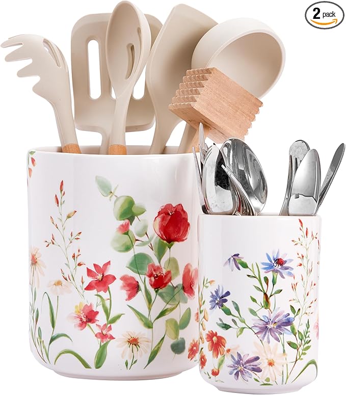 Bico Summer Provence Ceramic Utensil Holder Set of 2, Ceramic Kitchen Utensil Crocks for Countertop, Large Cooking Tool Holder Counter Decor, Spatula Organizer