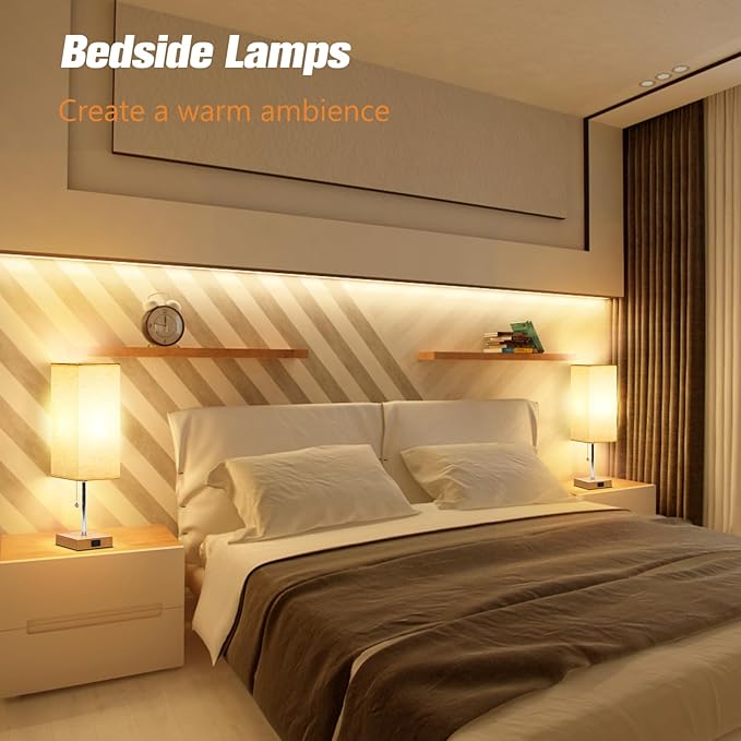 Table Lamp for Bedroom Set of 2, Bedside Lamps with 3 Color Temperatures Night Light, Lamp for Night Stands with AC Outlet and Square Shade, Pull Chain Small Desk Lamp for Living Room Home Decor
