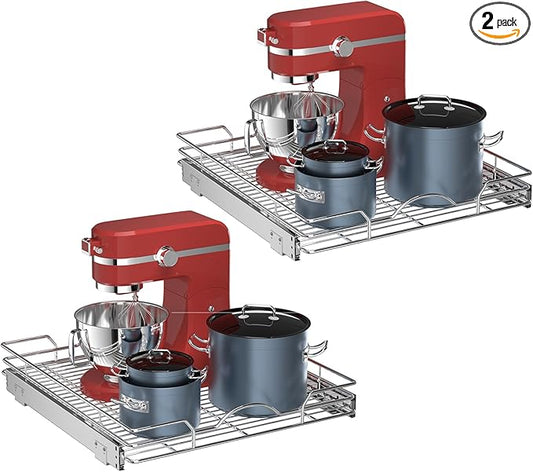 OCG Pull Out Cabinet Organizer 2 Pack (18" W x 21" D), Pull out Shelves 1 Tier, Cabinet Slide Out Shelves for Base Cabinet Organization in Kitchen Bathroom Pantry, Bottom Mount, Chrome Finish