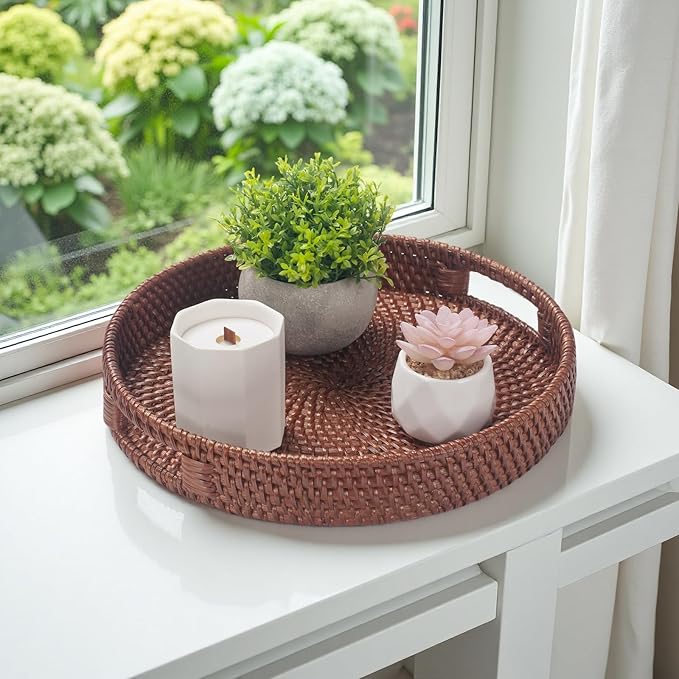 11.8 inch Round Rattan Tray, Decorative Coffee Table Tray, Ottoman Trays, Woven Serving Trays with Handles Wicker Serving Basket, Reddish-Brown