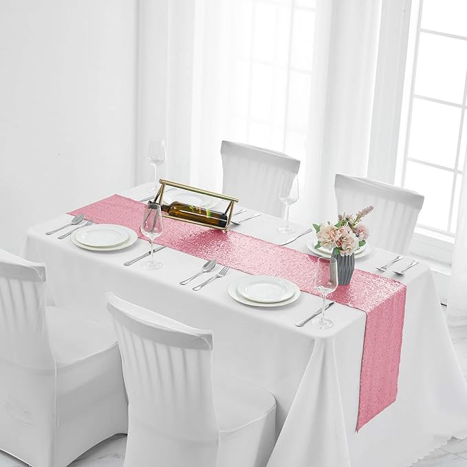 10 Packs 12 x 108 inches Rose Pink Sequin Table Runner, Glitter Pink Table Runner for Wedding Birthday Bachelorette Holiday Party Supplies Decorations Bridal Shower Baby Shower
