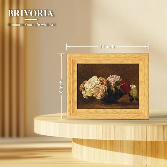Brivoria Framed Canvas Wall Art Vintage Decor, Antique Floral Still Life Artwork with White Pink and Red Roses and Rustic Autumn Background for Desk Shelf Bedroom Office or Bathroom Display, 8"x10"