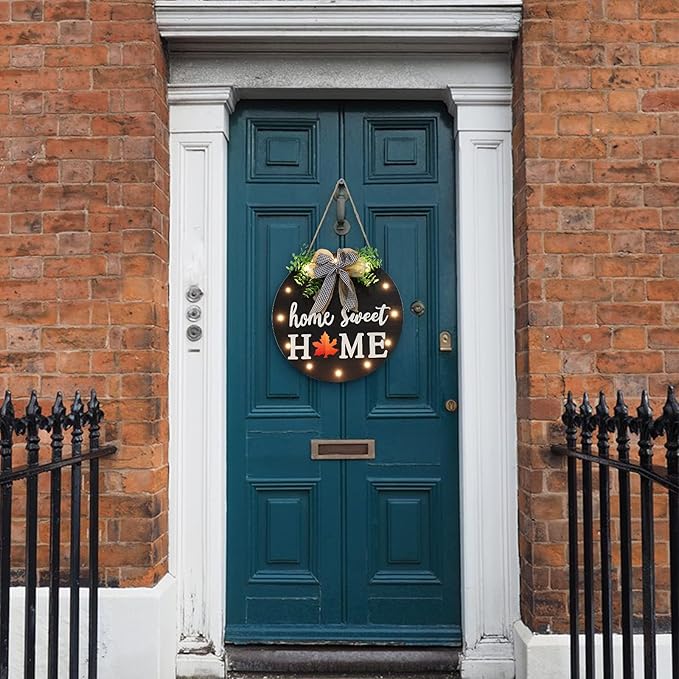 Interchangeable Welcome Sign for Front Door with 14 Changeable Icons, Farmhouse Front Porch Decor Rustic Wooden Wall Sign with 12 LED Lights, Outdoor Seasonal Welcome Home Decorations (Black1)