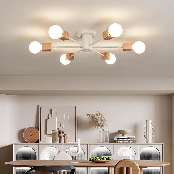 Boho 6-Light Sputnik Chandelier Semi Flush Mount Ceiling Light Fixture Farmhouse Wood and White Ceiling Lamp for Dining Room Living Room Bedroom Kitchen