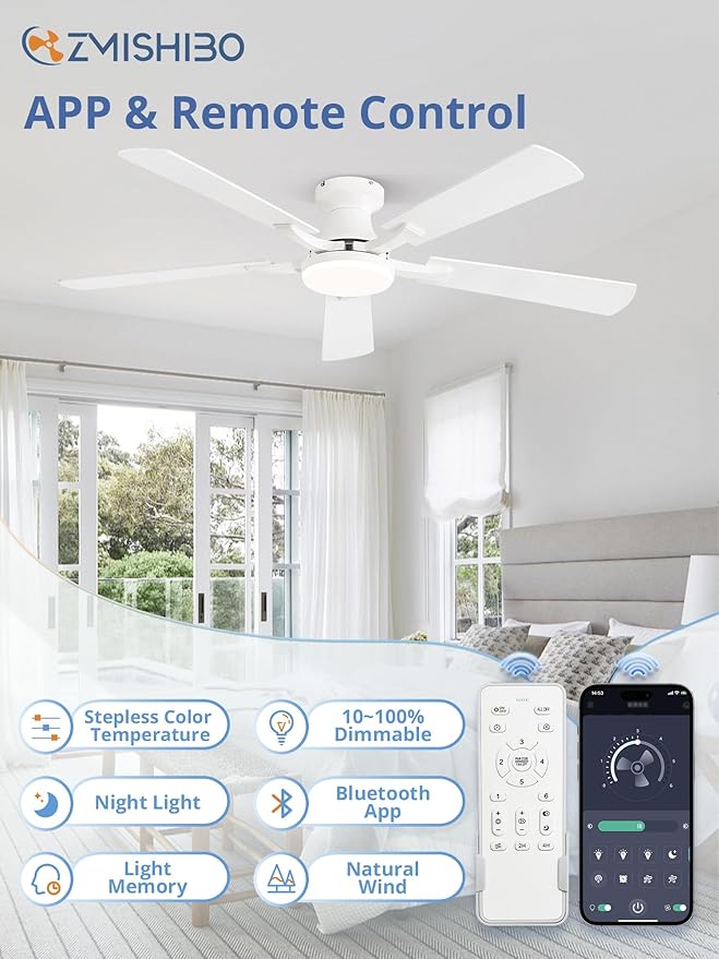 ZMISHIBO 52 Inch Ceiling Fan with Light, App&Remote Control, Flush Mount Low Profile, Dimmable 20W LED Light, Quiet Reversible Motor for Bedroom, Living Room, Apartment, White