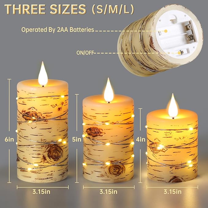 Flameless Candle LED Candles Hand Painted Birch Bark Effect Recessed Light String Candle Set of 3(H4,5,6") Ivory Real Wax Pillar Battery Operated Candles with Dancing LED Flame 10-Key Remote Control