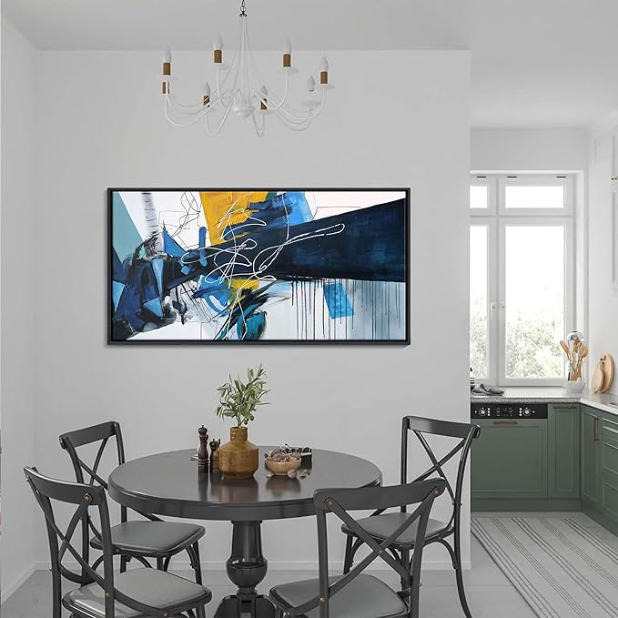 KLAKLA Modern Abstract Canvas Wall Art - Blue and white Framed Wall Decor Living Room Picture Artwork for Office Bedroom Decorative Paintings