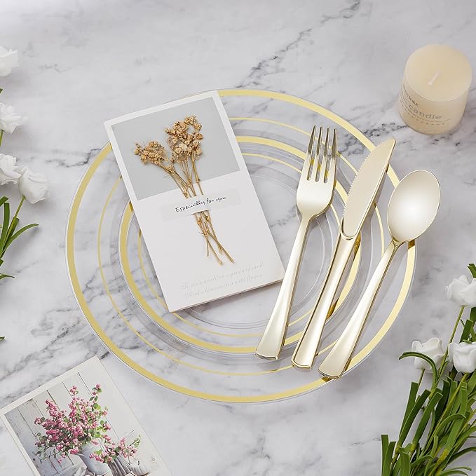 100PCS Clear Plastic Plates, 10.25 Inch Disposable Dinner Plate Party with Gold Rim, Heavy Duty Disposable Plastic Plates for Party, Wedding and Birthday, Christmas, Thanksgiving