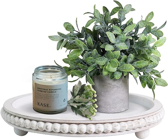 HPC Decor 12in Round Wood Tray - White, Distressed, Farmhouse Rustic - Decorative Tray for Living Room, Coffee Table, Kitchen Table or Farmhouse Serving Tray