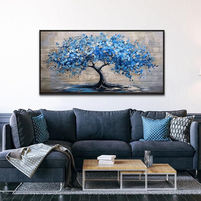 ERQINHUA Large Canvas Wall Art For Living Room Farmhouse Wall Decor For Bedroom Abstract Paintings Blue Tree Wall Pictures Artwork Office Decoration Dormitory Home Decor Black Framed 24x48 Inches
